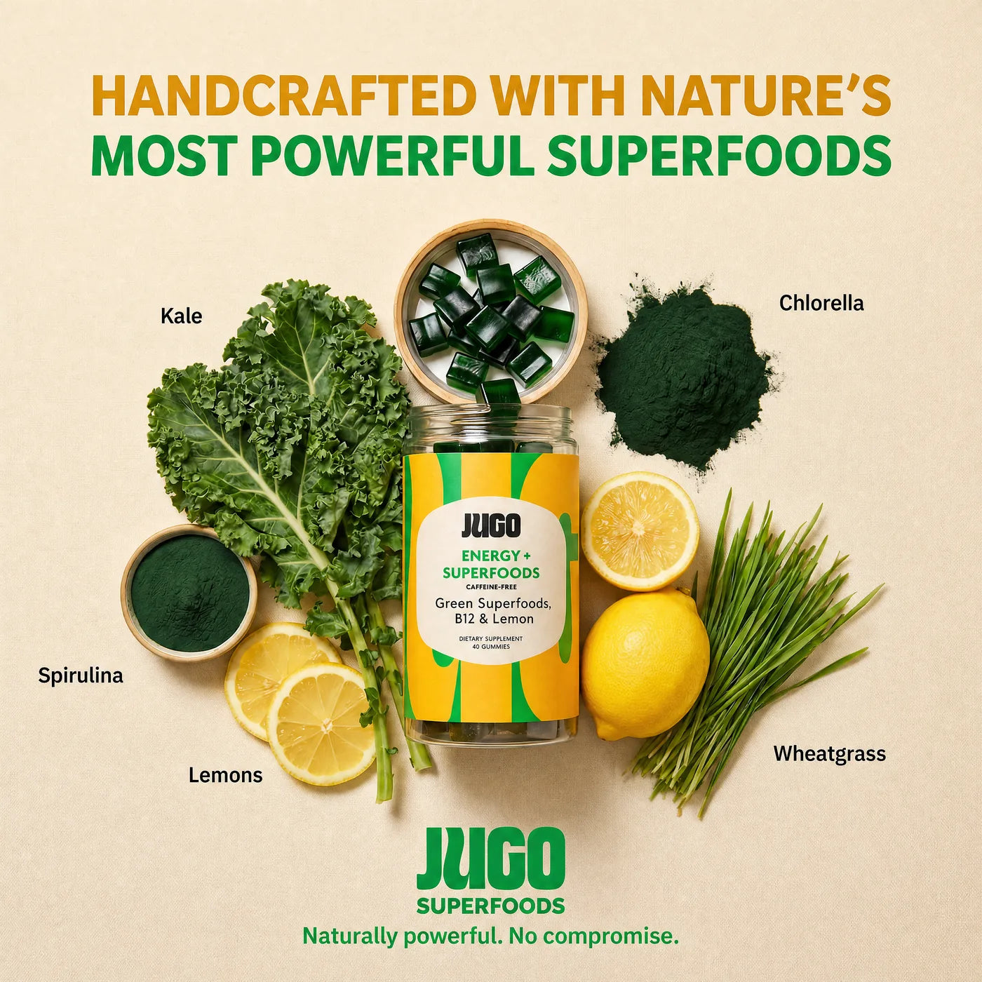 JUGO Energy + Superfoods overhead photo with real super greens