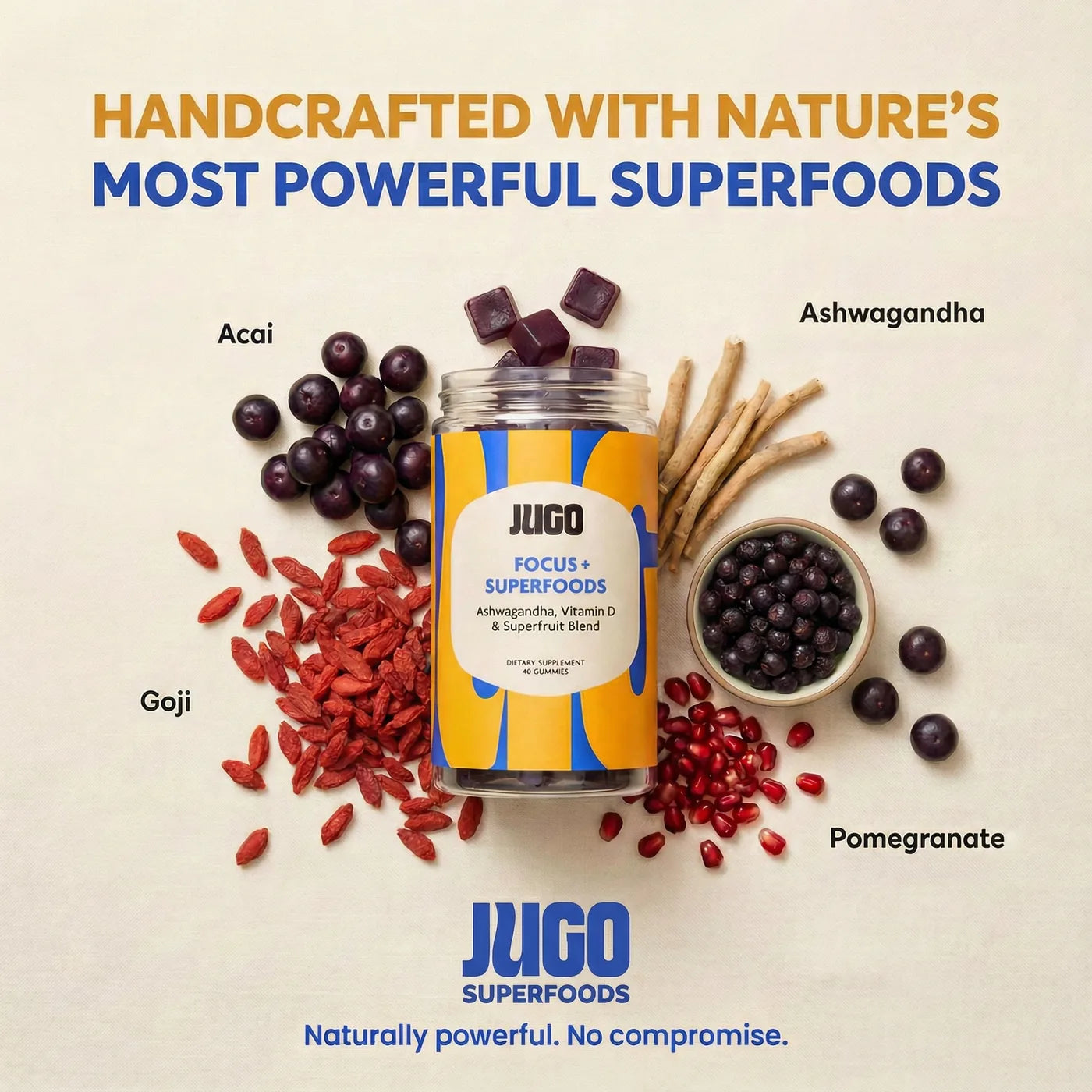 JUGO Focus + Superfoods overhead photo with real superfruits