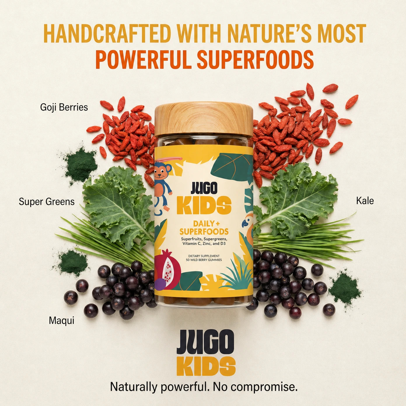 JUGO Kids Daily + Superfoods overhead with real superfoods